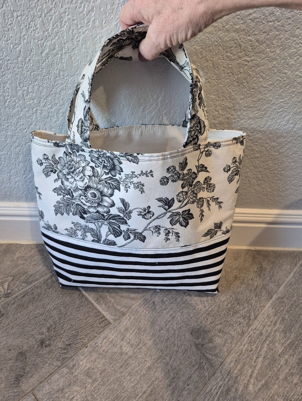 Black & White Floral Tote Bag - Handmade